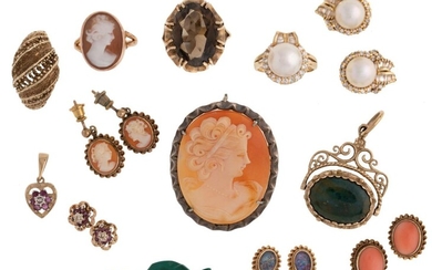 A group of jewellery, comprising: a diamond cultured pearl ring and pair of earrings, ring size K; a pair of small ruby and diamond earrings and pendant; an abstract design ring, ring size Q; a shell cameo brooch, ring and earrings; a citrine ring;...