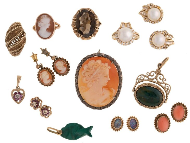 A group of jewellery, comprising: a diamond cultured pearl ring and pair of earrings, ring size K; a pair of small ruby and diamond earrings and pendant; an abstract design ring, ring size Q; a shell cameo brooch, ring and earrings; a citrine ring;...