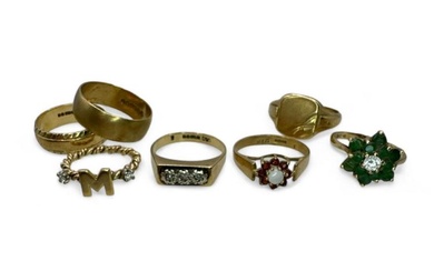A group of seven 9ct gold rings. To include hallmarked...
