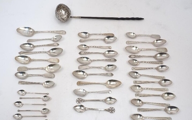 A group of silver tea and coffee spoons, including: a pair of 20th century Maltese coffee spoons; together with a punch ladle with twisted handle, the repousse bowl apparently unmarked, total weight approx. 19oz (a lot)