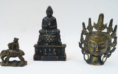 A group of three Chinese bronzes, early and mid-20th century, comprising a seated Buddha atop a rectangular plinth, 17cm high, a head of a Bodhisattva, 14cm high, and a parcel gilt weight of a girl astride an elephant, 7.5cm high (3)