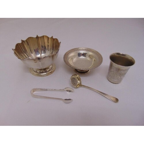 A hallmarked silver sugar bowl, a Victorian silver sifter sp...