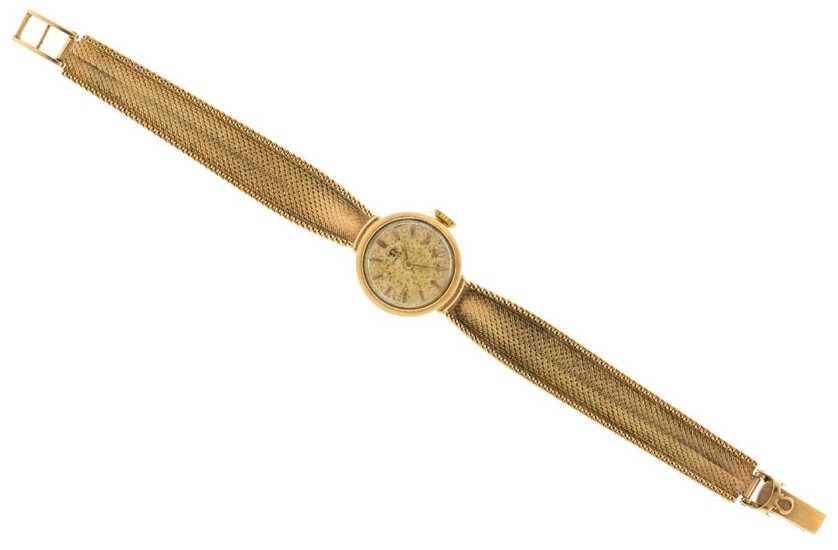 A lady's 9ct gold bracelet watch, by Omega, the circular champagne textured dial with applied baton markers and gilt hands, signed Omega, the seventeen jewelled lever movement signed Omega Watch Co, numbered 17309395, the case also signed and...