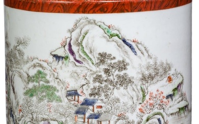 A large Chinese wood-glazed famille rose brush pot showing a mountain and river scene with Yongzheng