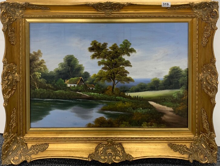A large gilt framed oil on board behind glass of a country scene, frame size 92 x 69cm.