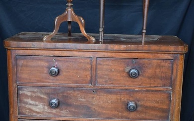 A late 19th Century Mahogany 5 Drawer chest together with two small leather top tables 112 x 112 x 5