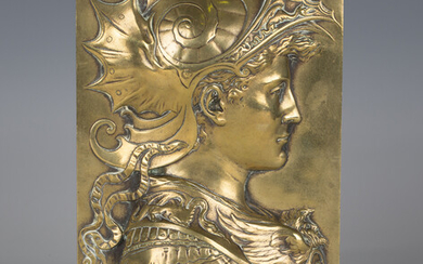 A late 19th century French cast bronze relief plaque, finely modelled with a profile portrait of a w
