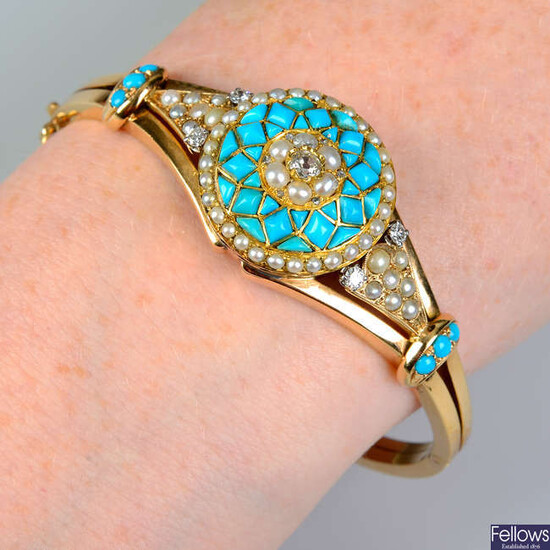 A late Victorian gold diamond, split pearl and turquoise hinged bangle.