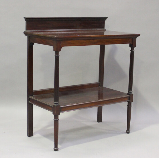 A late Victorian mahogany two-tier buffet, on reeded supports, height 107cm, width 91cm, depth 51cm.