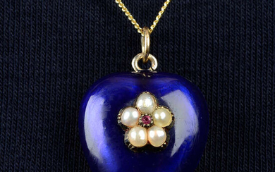 A late Victorian ruby and split pearl floral motif, blue enamel heart locket.