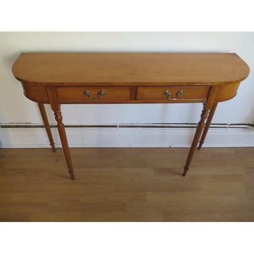 A maple D shaped hall side table with two drawers on turned ...