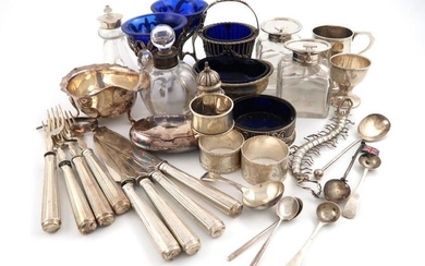 A mixed lot of silver items, various dates and makers, comprising: a pair of silver-mounted ink bottles, by Charles Stuart Harris, London 1899, a swing-handled sugar basket, Birmingham 1905, a whisky tot, an egg cup, an Italian salt cellar, a butter...