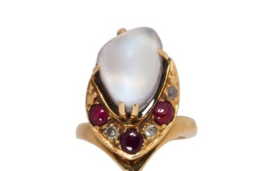 A moonstone, ruby, diamond and 18k gold ring