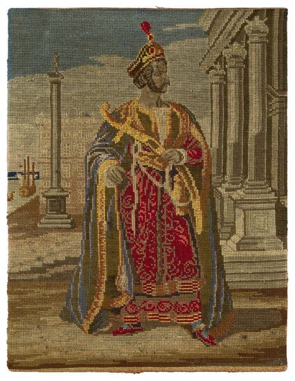 A needlework panel of an emperor, late 19th century, depicted standing before a temple holding a scimitar, a harbour in the background, 48 x 37cm