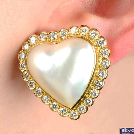 A pair of 18ct gold brilliant-cut diamond mabé pearl heart earrings, by Boodles and Dunthorne.