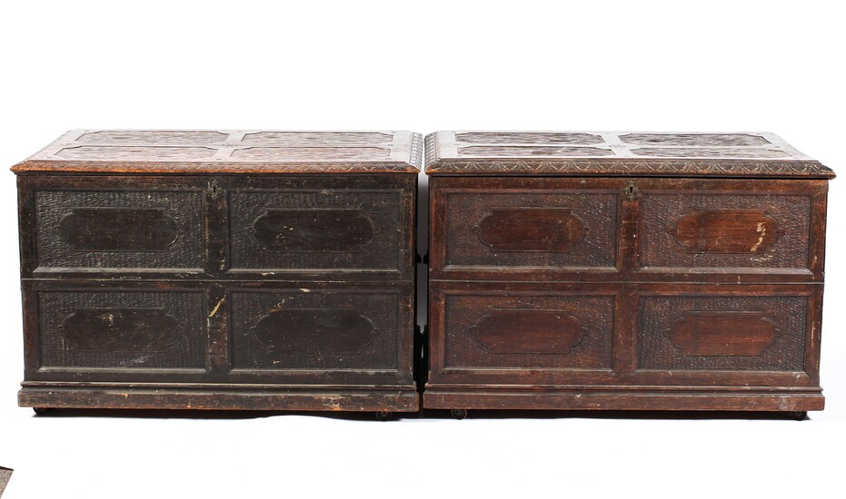 A pair of 19th century ebonised bark carved coffers, each with stiff leaf carved tops