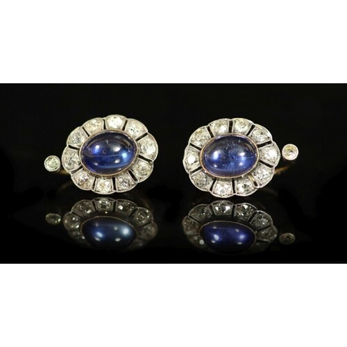 A pair of 19th century gold and silver, cabochon sapphire? a...