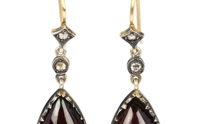 A pair of Antique garnet and diamond drop earrings, cut-down...