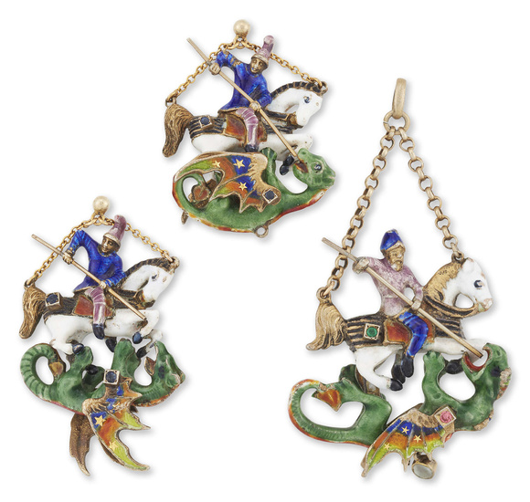 A pair of Austro-Hungarian 'St George and the Dragon' enamelled...