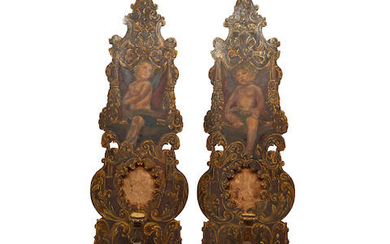 A pair of Baroque style silk needlepoint and painted wood single light wall appliques