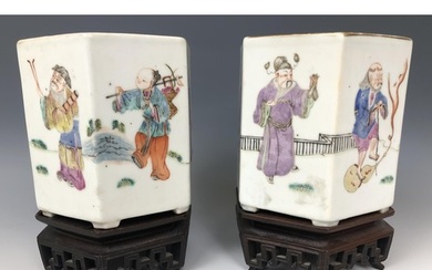 A pair of Chinese hexagonal vases, decorated various figures...