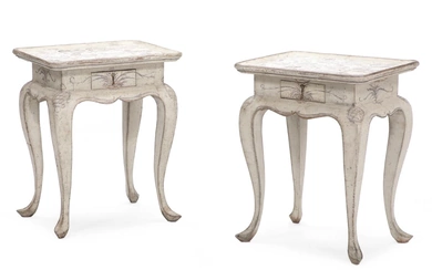 A pair of Danish white and mangan tile-top tables each with Dutch...