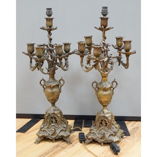 A pair of French bronze 6 light candelabra 60cm ...