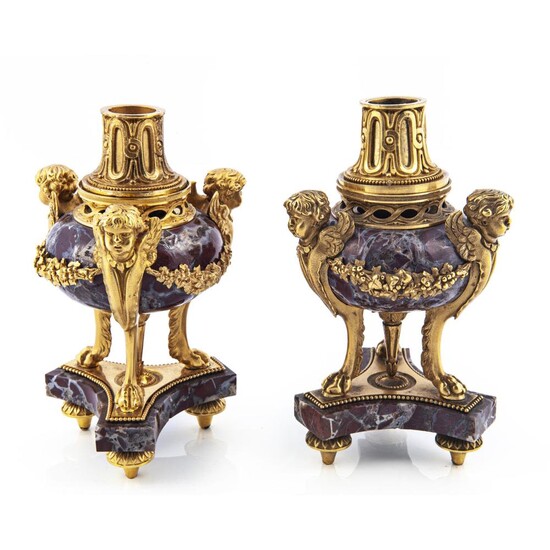A pair of French ormolu mounted jasper cassolettes, late 18th-early 19th century