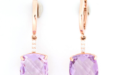 A pair of amethyst, diamond and fourteen karat rose gold earrings