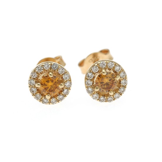 A pair of diamond ear studs each set with a yellow diamond, totalling app. 0.34 ct. encircled by numerous diamonds, mounted in 14k gold. (2)