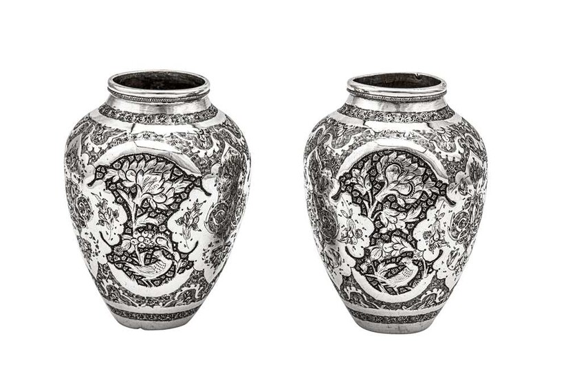 A pair of mid-20th century Iranian (Persian) silver vases, Isfahan circa 1940 mark of Mehr Afshan