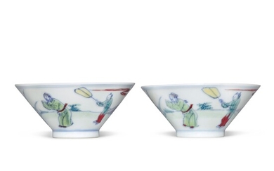 A pair of rare anhua-decorated doucai conical bowls, Qing dynasty, Kangxi / Yongzheng period | 清康熙 / 雍正 鬥彩米芾拜石圖暗花笠式盌一對