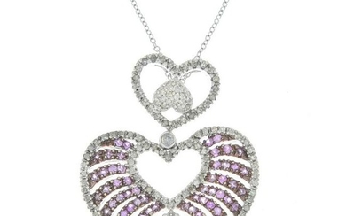 A pink sapphire and diamond heart pendant, suspended
