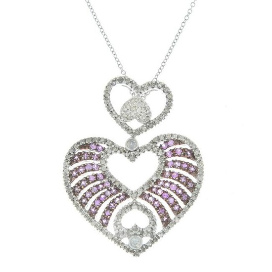 A pink sapphire and diamond heart pendant, suspended