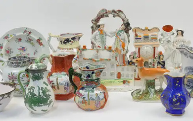 A quantity of mostly Staffordshire pottery and porcelain, 19th century, comprising: a...