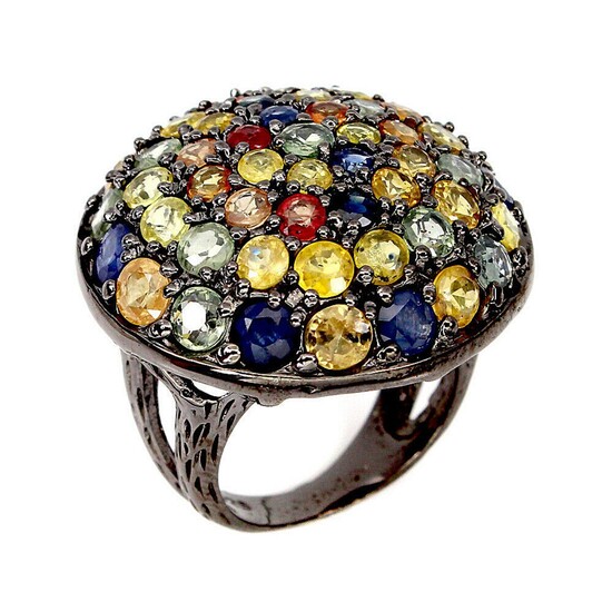 SOLD. A sapphire ring set with numerous circular-cut multi coloured sapphires, mounted in blach rhodium plated sterling silver. Size 53.5. – Bruun Rasmussen Auctioneers of Fine Art
