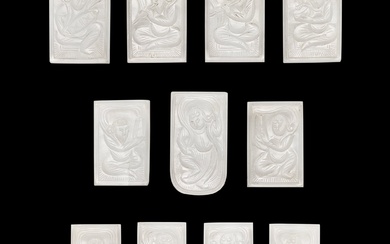 A set of eleven white jade ‘musicians and dancers’ belt plaques, Tang dynasty 唐 白玉雕伎樂紋帶珮一組十一件