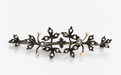 A silver brooch in the shape of a flower branch, decorated with rose cut diamonds and 4 pearls, second half of the 19th century.