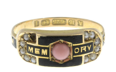 A split pearl, pink gem and enamel memorial ring, with 15ct gold band replacement.