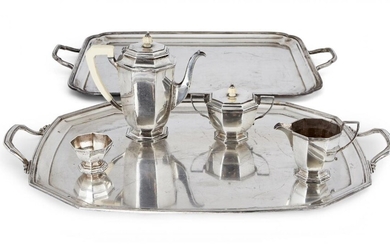 A three-piece George VI silver tea set, Sheffield, c.1937, Mappin & Webb, and a silver plated twin-handled Mappin & Webb tray, the teapot, milk jug and lidded sugar of octagonal, panelled form, the teapot with angular ivory handle and domed ivory...
