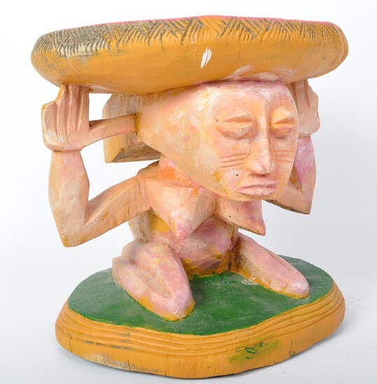 A vintage 20th century carved painted wood tribal bowl sculpture in the shape of a nude female. The sculpture measuring approx. 21cm tall.