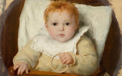 ALBERT ANKER(1831 Ins 1910)Charlotte Quinche dans une chaise d'enfant. 1895.Huile sur toile.25,5 × 25,5 cm.Provenance...