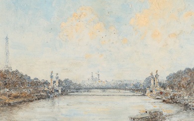 ALEXIS VOLLON (1865-1945. Paris, le pont Alexandre III, c. 1910 Huile sur panneau, signée en...