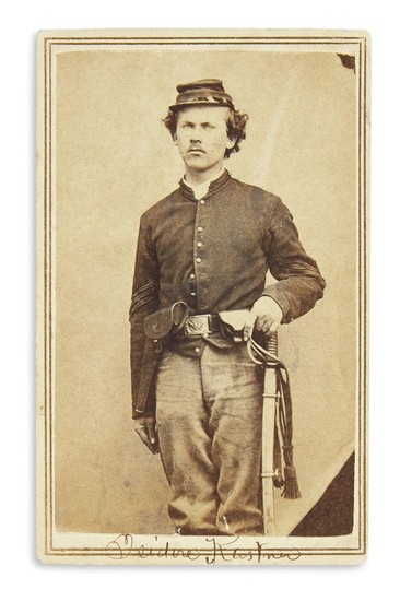 (AMERICAN-JUDAICA) - Carte-de-visite photograph of a Union Cavalryman, with autograph signature on front: “Isidore Kastner.”