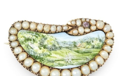 AN ANTIQUE AMETHYST, PEARL AND ENAMEL OUROBOROS BROOCH