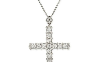 AN ANTIQUE DIAMOND CROSS PENDANT NECKLACE designed as an openwork cross set throughout with