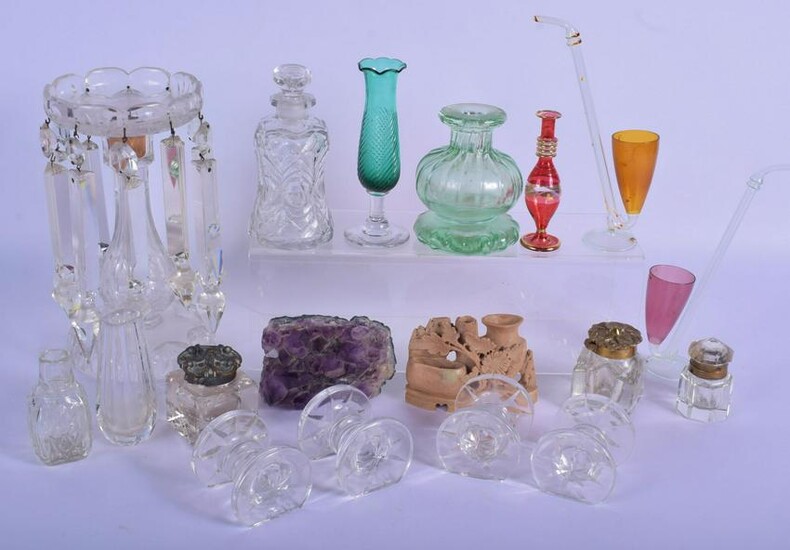 AN ANTIQUE GLASS TABLE LUSTRE together with inkwells