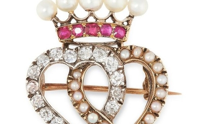 AN ANTIQUE PEARL, RUBY AND DIAMOND SWEETHEART BROOCH