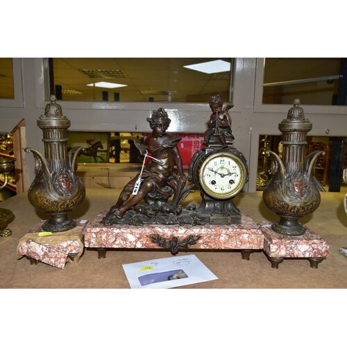 AN EARLY TWENTIETH CENTURY BRONZED SPELTER AND MARBLE CLOCK ...