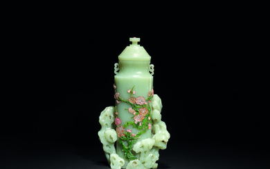 AN INLAID GREENISH-WHITE JADE VASE AND COVER